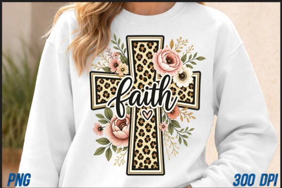 Floral Cross PNG, Christian Leopard Fait T-Shirt Designs