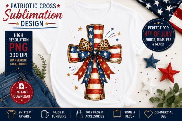 Red White Blue Wood Cross PNG Christian T-Shirt Designs